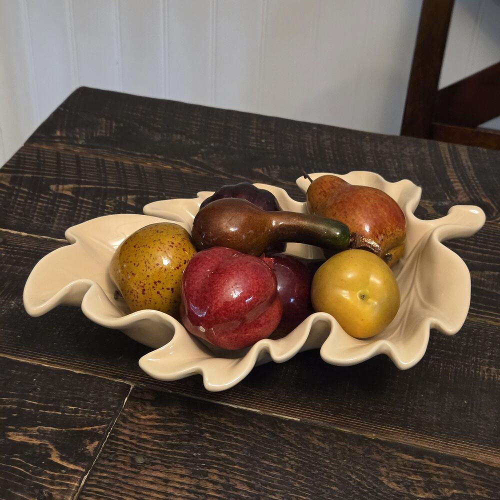 Ceramic Fall Leaf Serving Bowl Autumn Harvest Fruits Centerpiece Thanksgiving
